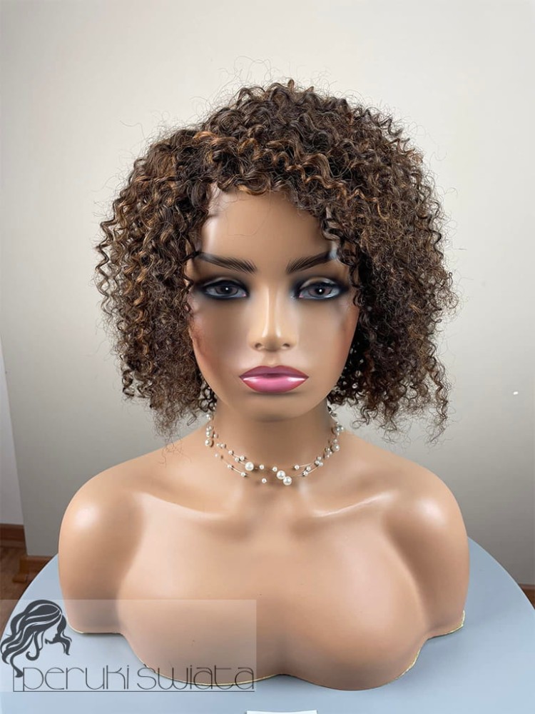 Peruka Gracja, włosy naturalne, drobne loki, skręt typu kinky,  kolor: brąz z blond refleksami  
