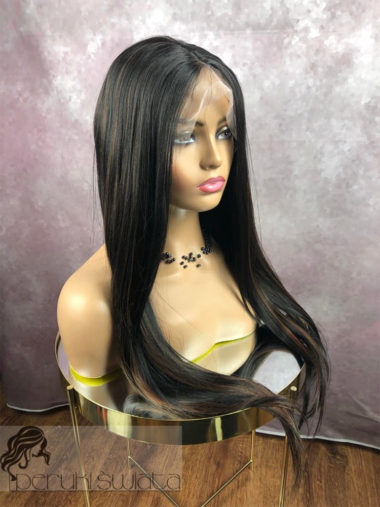 Peruka syntetyczna Mila, kanekalon termoplastyczny , kolor: czerń z brązowymi pasemkami 