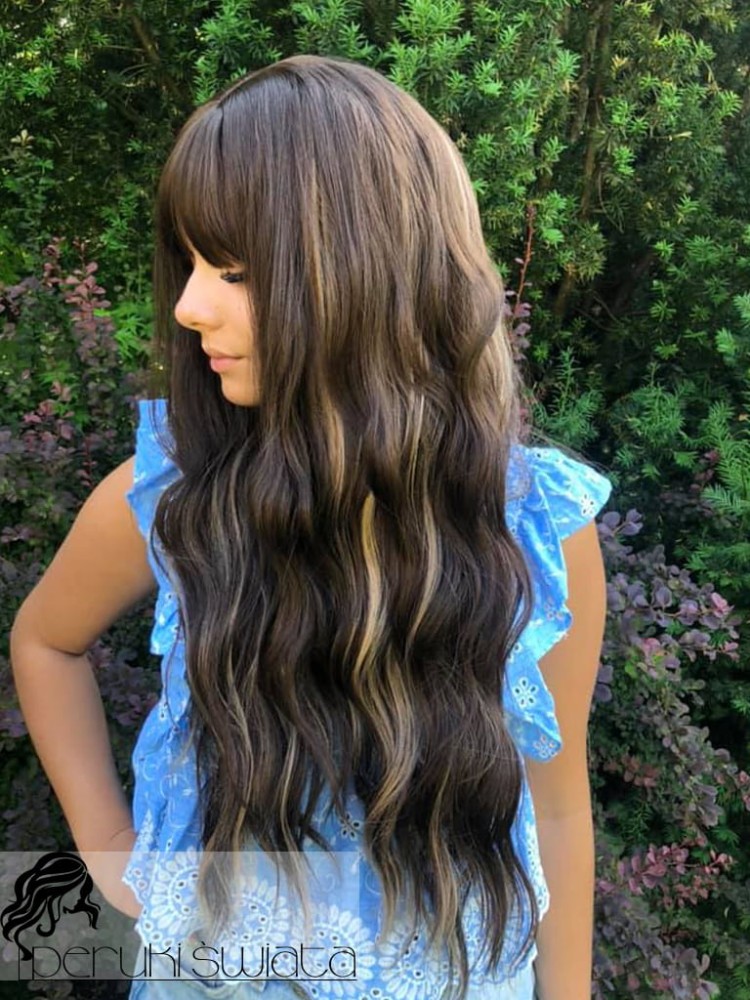 Peruka AT55, kanekalon „ true hair”, kolor: brąz z pasemkami, loki/fale