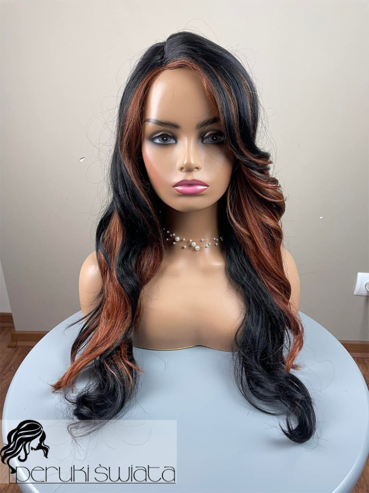 Peruka DB59, kanekalon typu: „ true hair”, long bob z długą, boczną grzywką, fale, kolor: czerń z brązem 