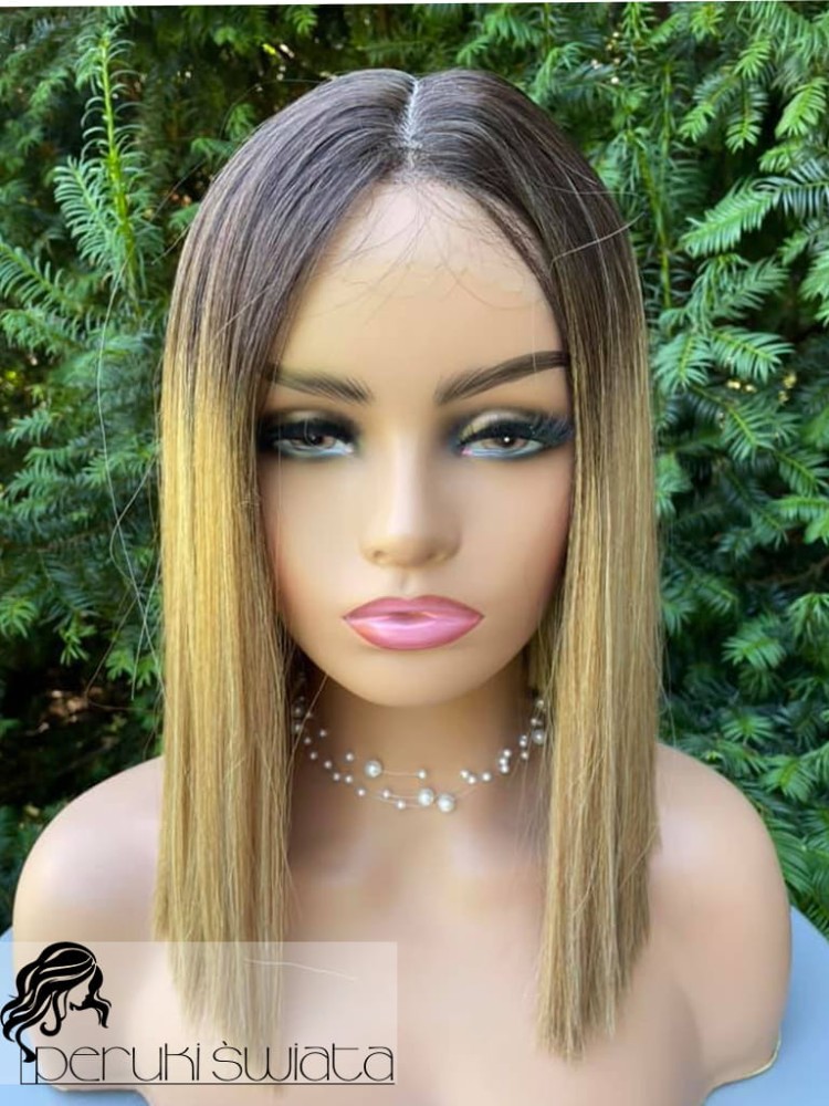 Peruka AT71, kanekalon premium 3D, long bob, kolor: ciemny beżowy blond na ciemnobrązowym odroście 