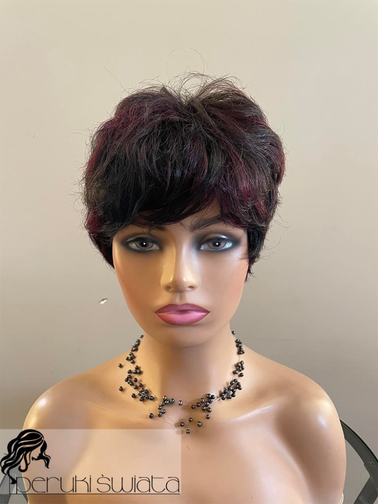 Peruka Olena, włosy naturalne, kolor : czerń z burgundem, bob
