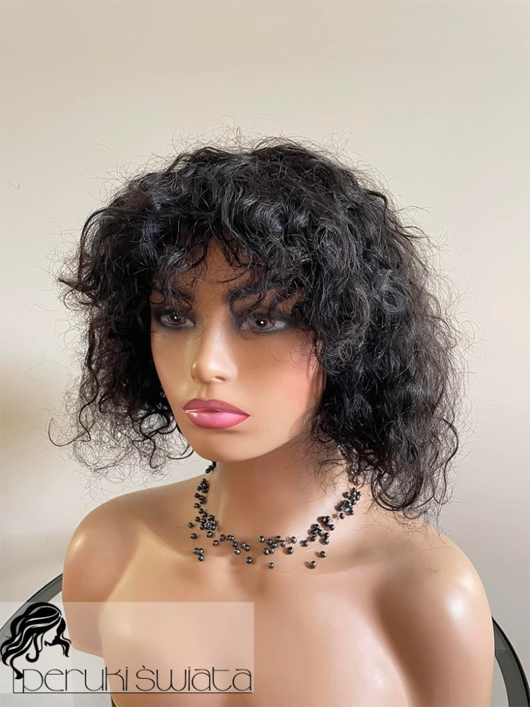 Peruka KG32, włosy naturalne, bob z grzywką, loki, kolor: naturalny, ciemna gorzka czekolada