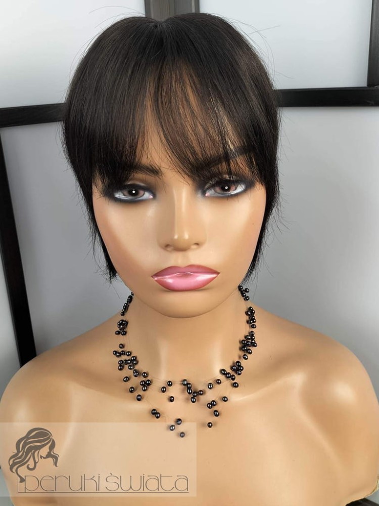 Mira, lekki tupet/topper z grzywką, z włosów naturalnych, kolor:  ciemna gorzka czekolada 