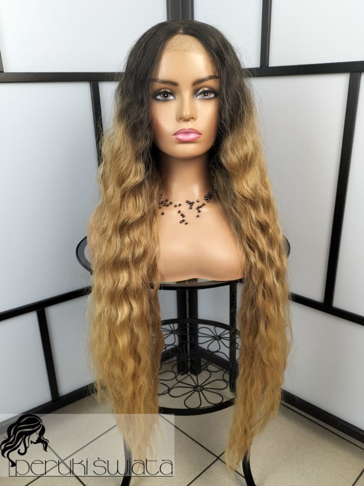 Peruka syntetyczna Anber, kanekalon termoplastyczny, loki/fale, kolor: ombre złocisty blond 