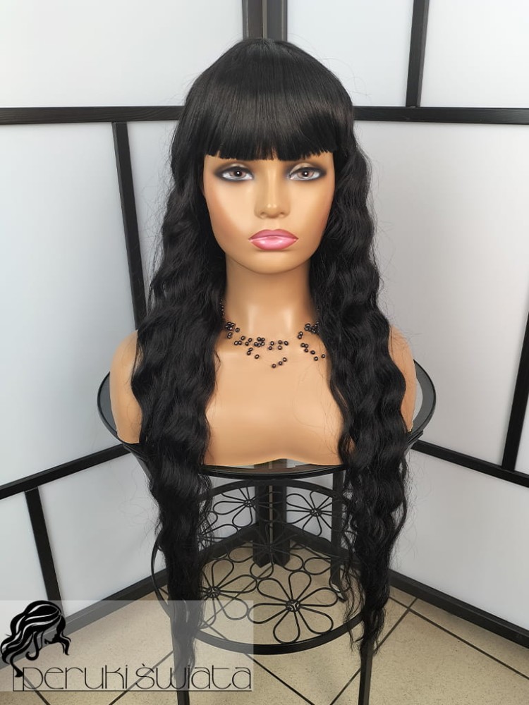 Peruka syntetyczna Klara, long bob z prostą grzywką, loki, czerń