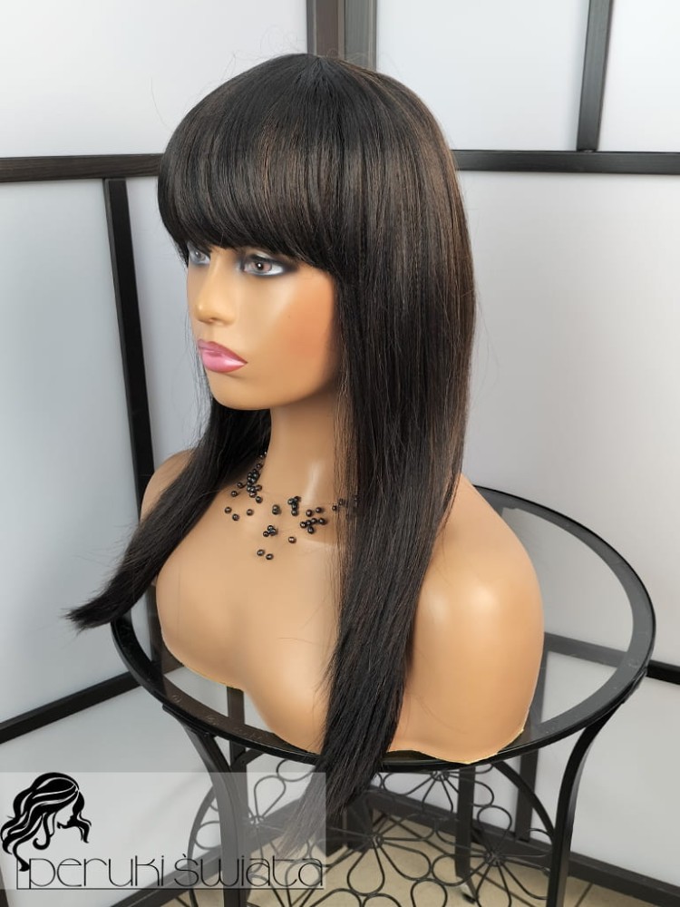 Lekka peruka syntetyczna Karen, long bob z grzywką, kolor: czerń z pasemkami