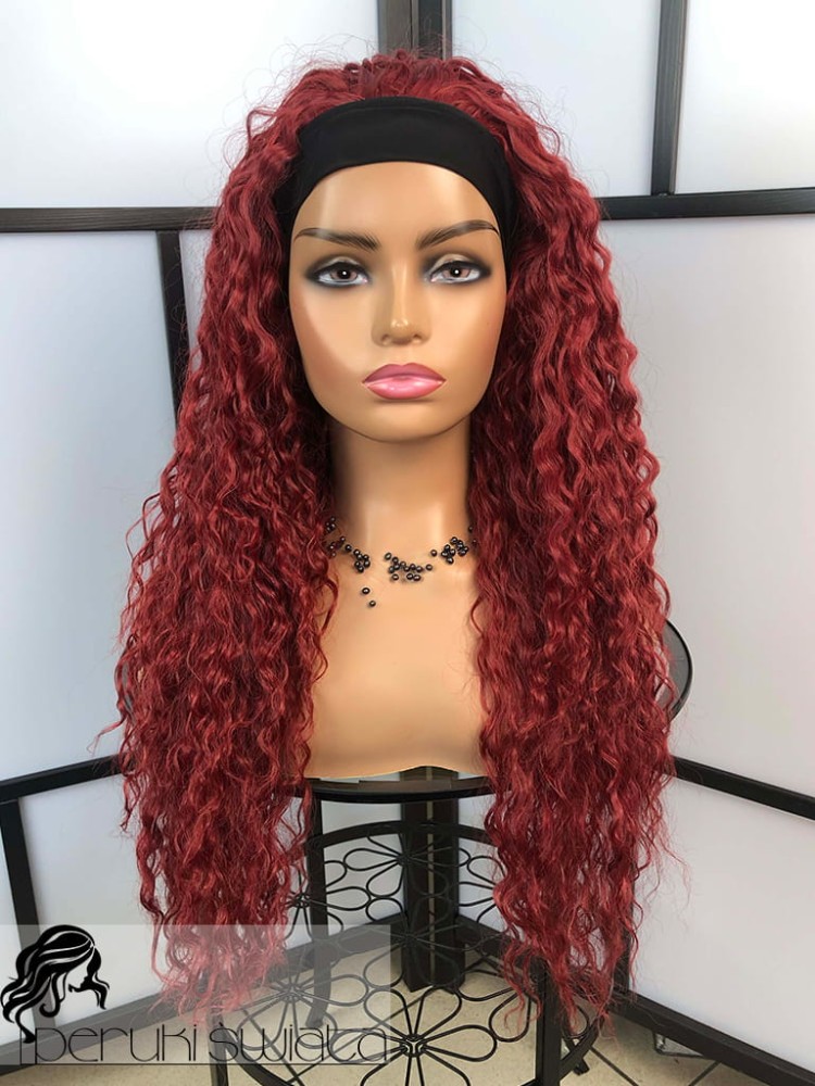 Model Zuza,  peruka syntetyczna, kanekalon premium, afroloki na opasce, kolor: wiśniowa czerwień