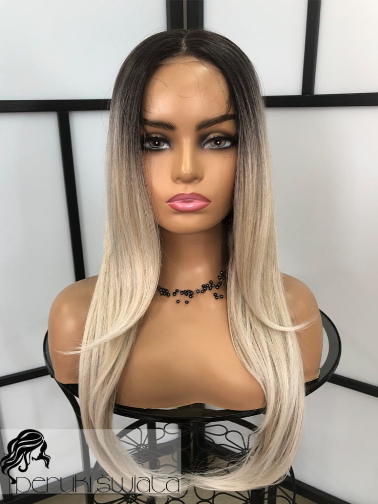 Peruka syntetyczna, model  Ariela, monotop, kolor:mix chłodnych popielatych blondów na czarnym odroście (ombre)