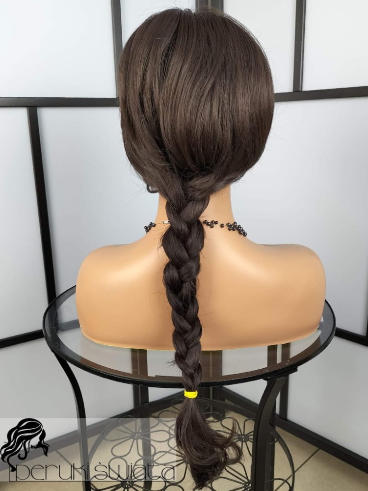 peruka syntetyczna z grzywką włosy długie falowane kolor ciemna gorzka czekolada