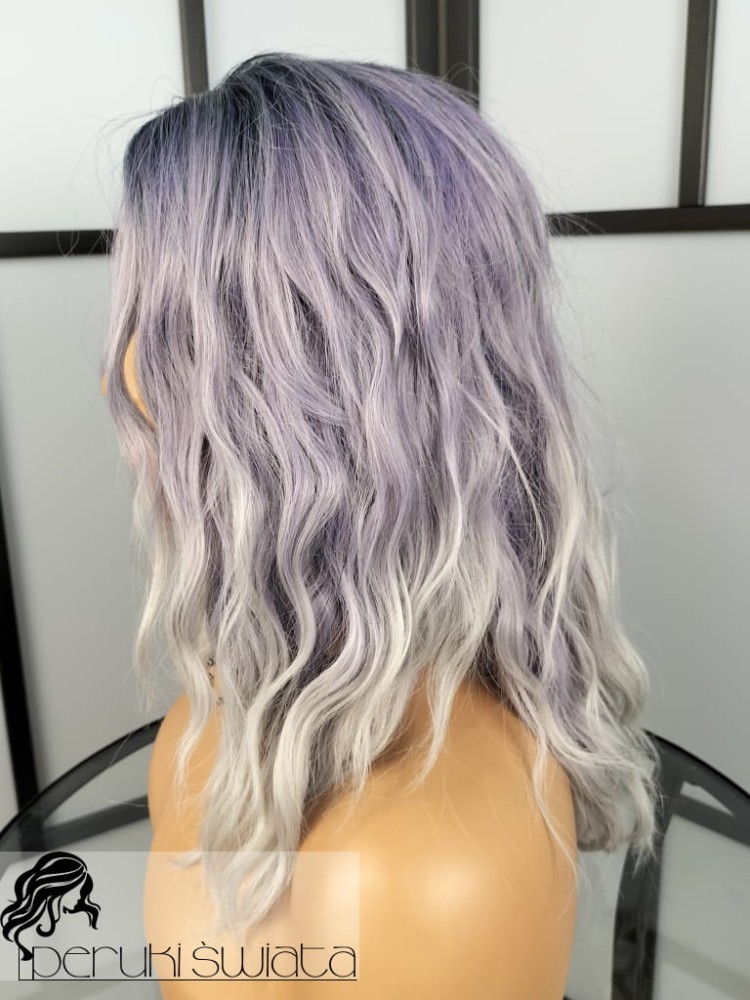 peruka fale fiolet z popielatym szarym long bob