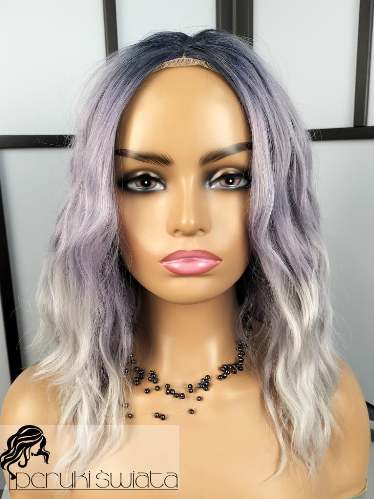 peruka fale fiolet z popielatym szarym long bob