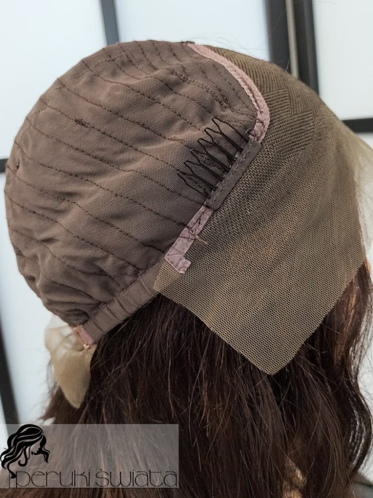 włosy naturalne, ciemny kasztan fale peruka tkana ręcznie