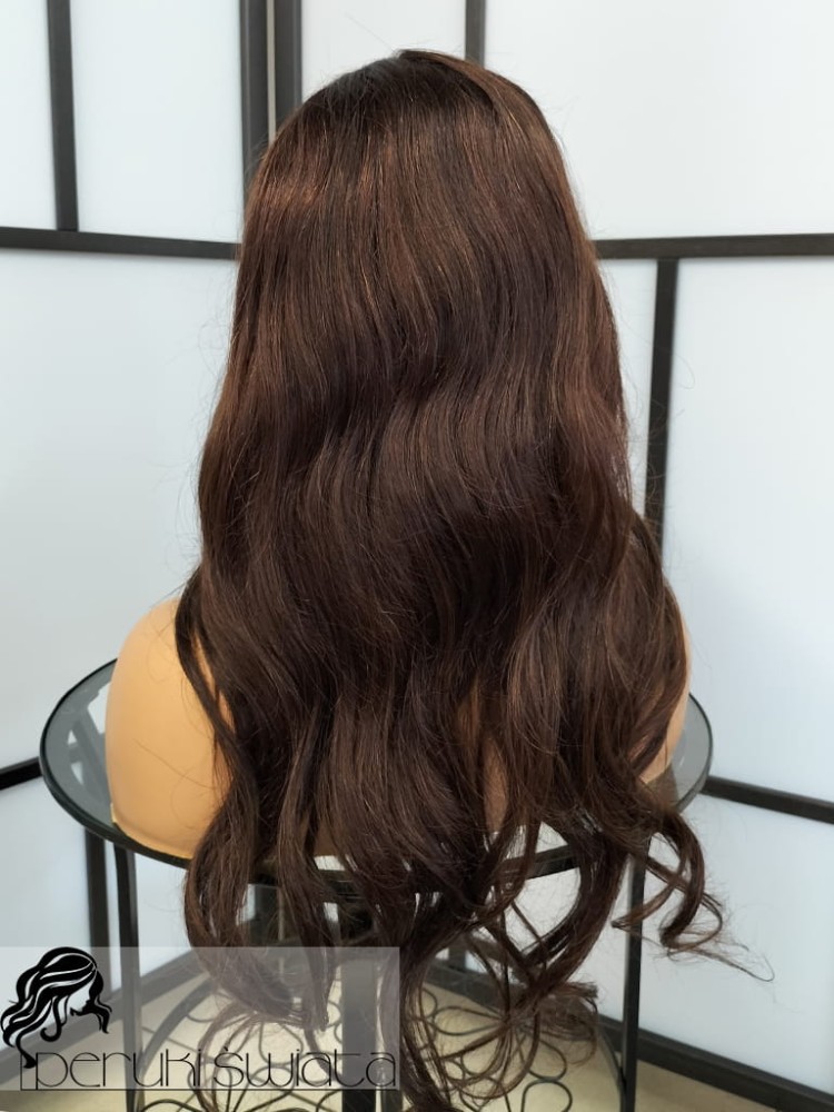 włosy naturalne, ciemny kasztan fale peruka tkana ręcznie