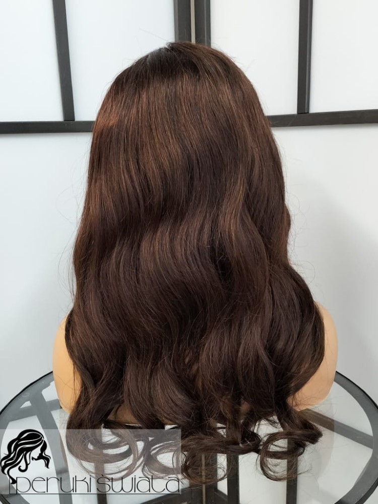 włosy naturalne, ciemny kasztan fale peruka tkana ręcznie