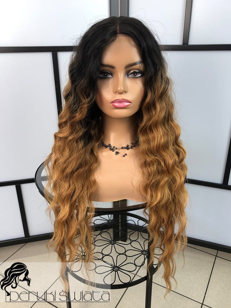 Peruka syntetyczna Unn, kanekalon termoplastyczny, afroloki, kolor: ombre- miodowy blond na czarnym odroście 