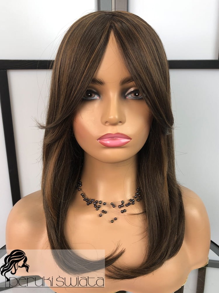 Peruka syntetyczna Mei, long bob z długą grzywką, kolor: brąz z refleksami 