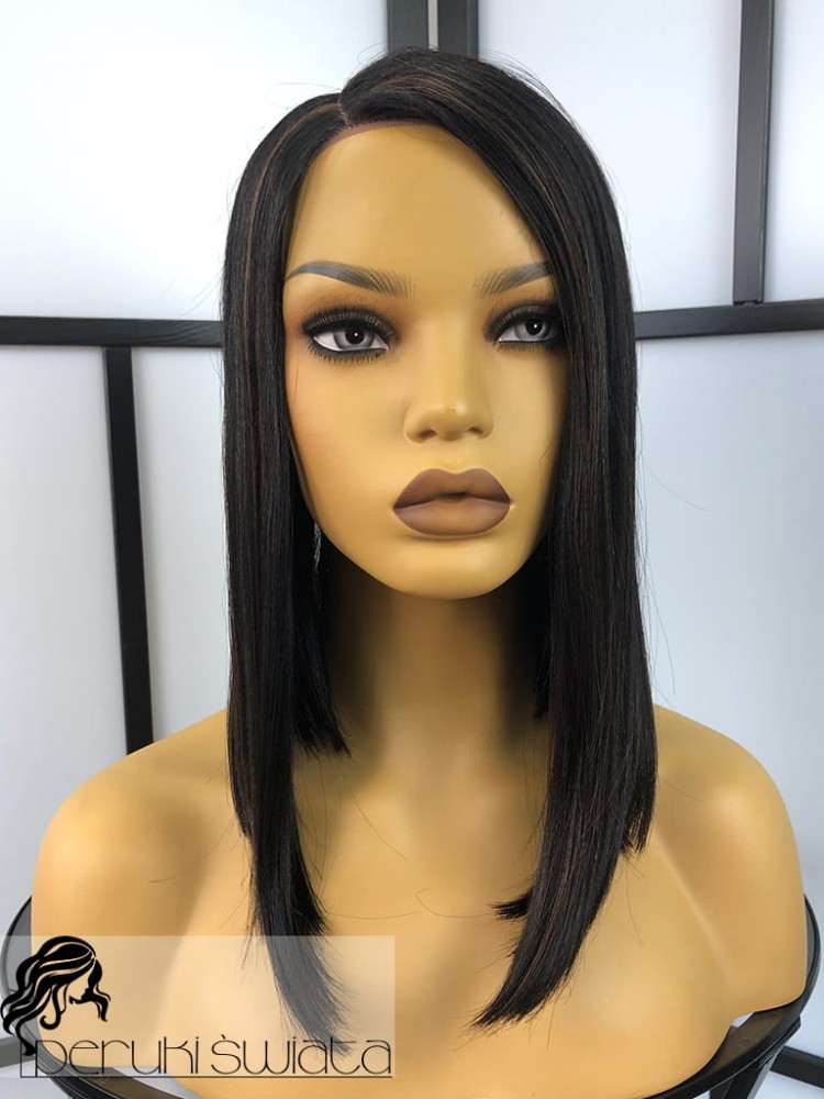 Peruka syntetyczna Frida, long bob, czerń z pasemkami brąz 