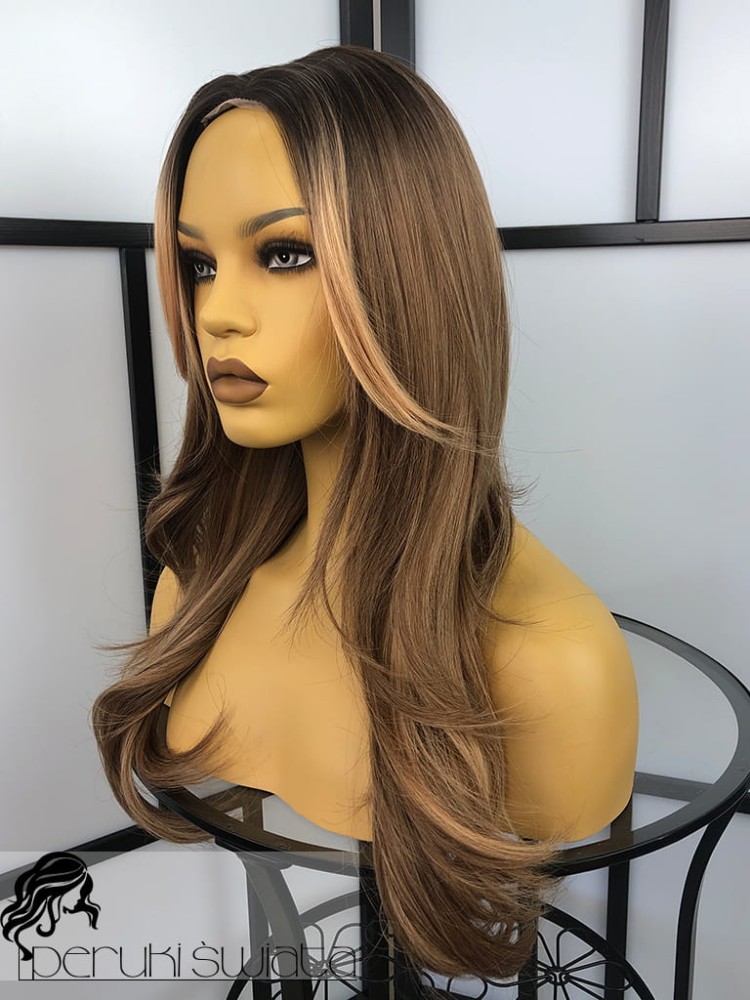 Peruka syntetyczna Gaja, kanekalon typu "true hair", long bob, fale, kolor: mix brąz/ciemny blond