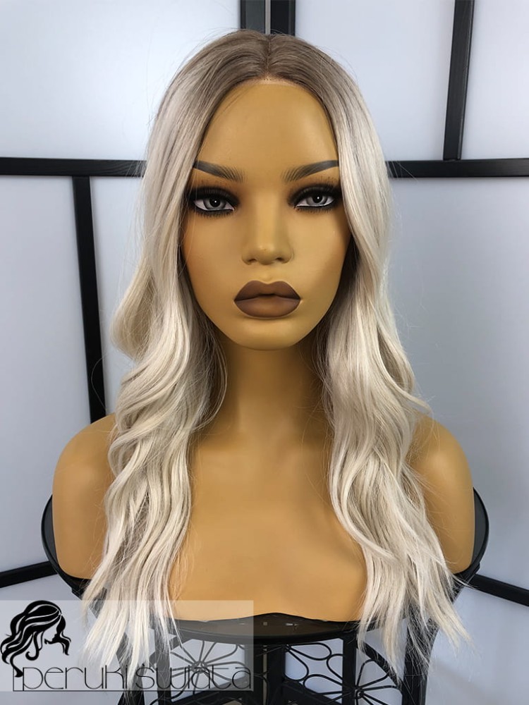 Peruka syntetyczna Florence, kanekalon termoplastyczny, fale, kolor: jasny platynowy blond na brązowym odroście