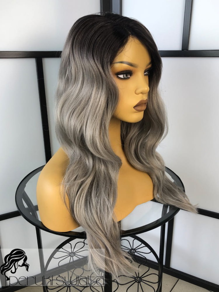 Peruka syntetyczna Bera, kanekalon, fale, ombre, kolor: mix szarości, na odroście kawowy brąz