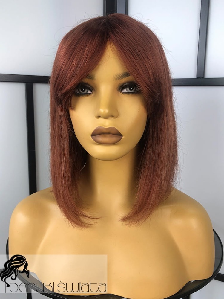 Peruka Kornelia, włosy naturalne, long bob z grzywką, kolor: rudy kasztan 