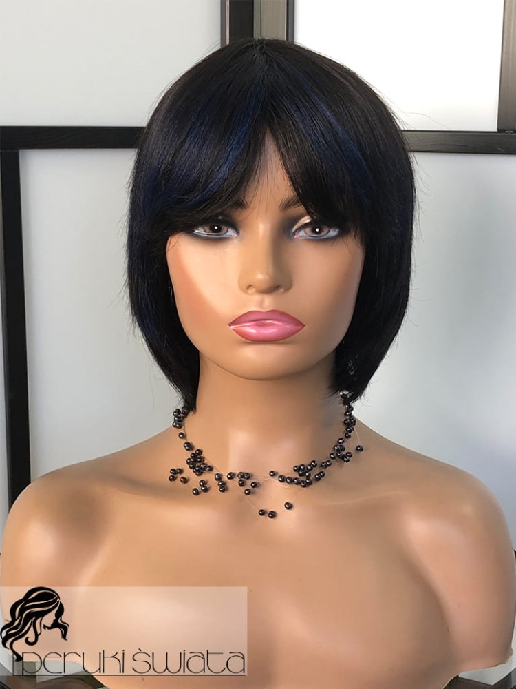Peruka syntetyczna Tori, bob z grzywką, włosy naturalne, kolor: czerń z granatem