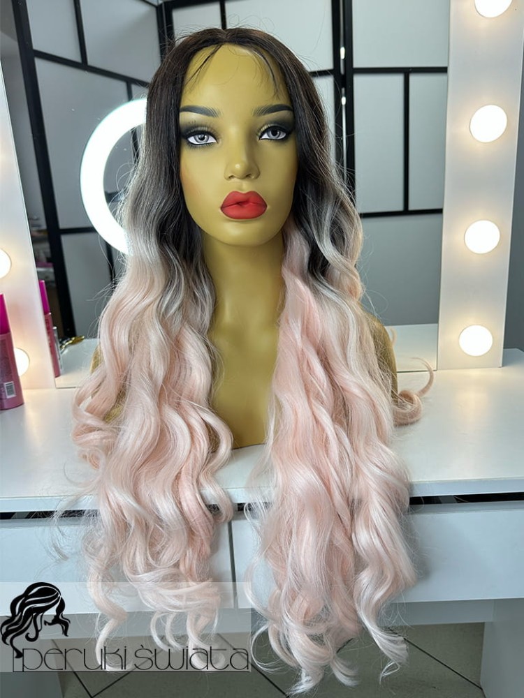 Profesjonalna peruka syntetyczna, sceniczna, codzienna, model Maud, kanekalon termoplastyczny, ombre,  baby pink