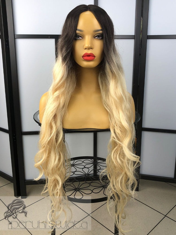 Peruka syntetyczna Cassandra, fale/loki, kolor: ombre, ciepły blond na odroście