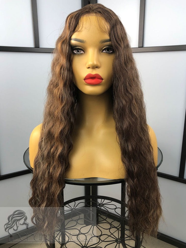 Peruka syntetyczna Cameron, kanekalon, fale typu body wave, kolor: mix ciepłych brązów z refleksami blondu