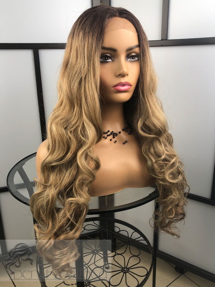 Peruka syntetyczna Ida, kanekalon termoplastyczny, kolor: mix ciepłych blondów na brązowym odroście