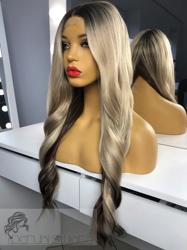 Peruka syntetyczna, model Lena, kanekalon japoński, full lace front,  mix chłodnych blondów z brązem na odroście 