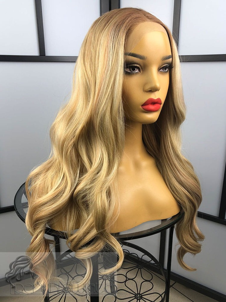 Peruka syntetyczna Anastazja, kanekalon termoplastyczny, full lace front,  ciepły blond z pasemkami
