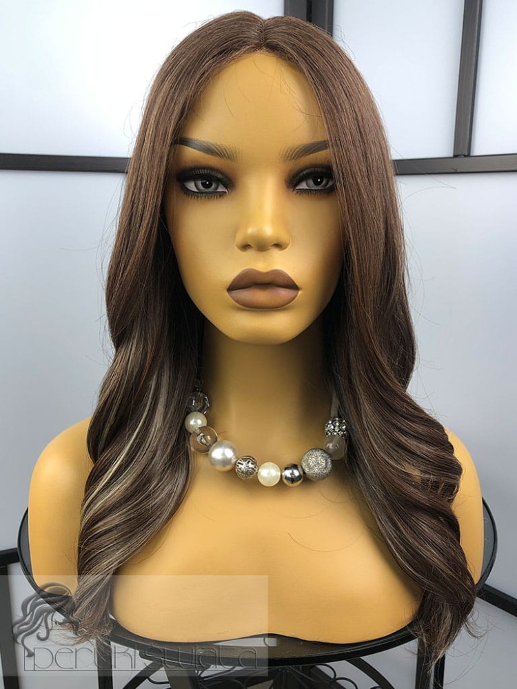 Peruka syntetyczna, model Paula, kanekalon japoński, lace front,  brąz z  miodowymi oraz platynowymi blond pasemkami 