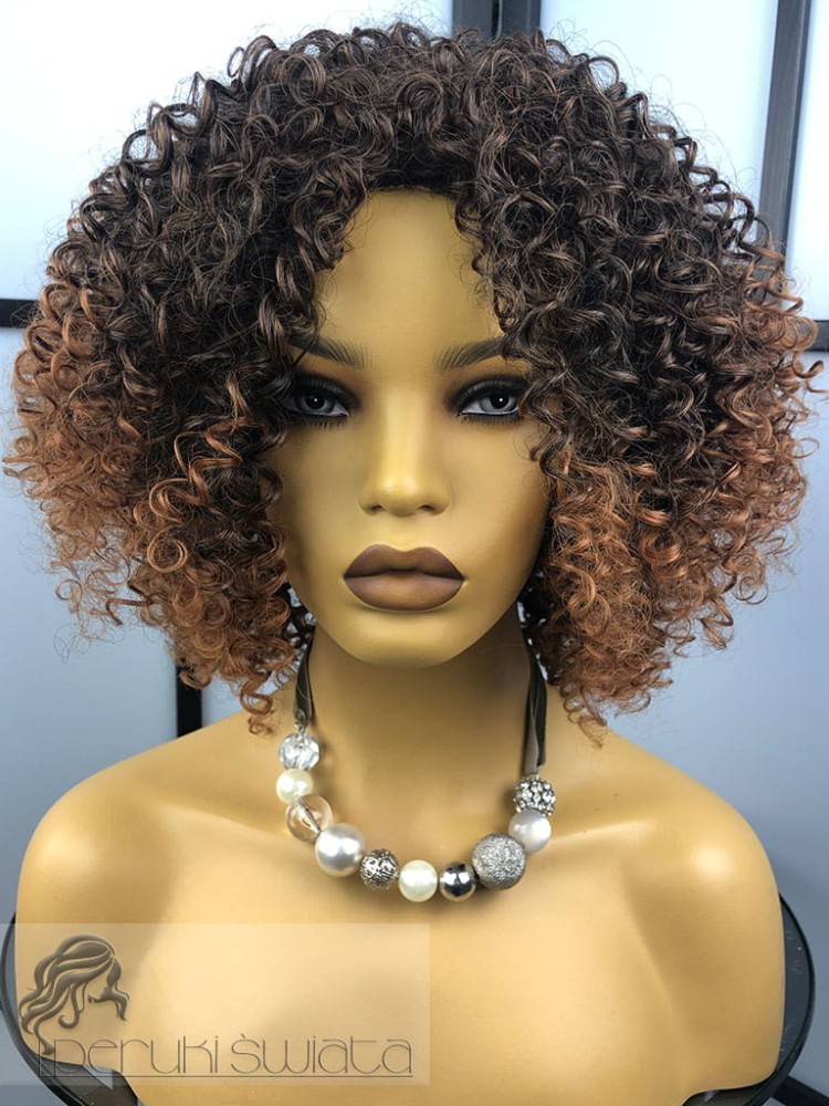 Peruka syntetyczna, model Adela, kanekalon, afroloki,  sombre: jasny brąz ze złocistym blondem