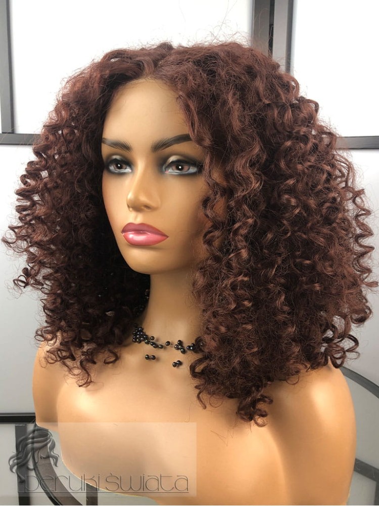 Peruka syntetyczna Kari, z kanekalonu termoodpornego, afroloki, kolor: ciepły kasztanowy brąz