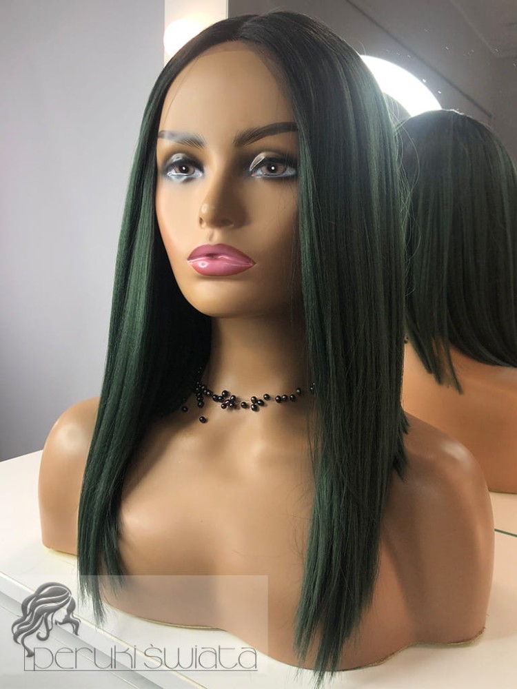 Peruka syntetyczna, model Emmerald, bob w stylu Kleopatra, ombre ciemna zieleń