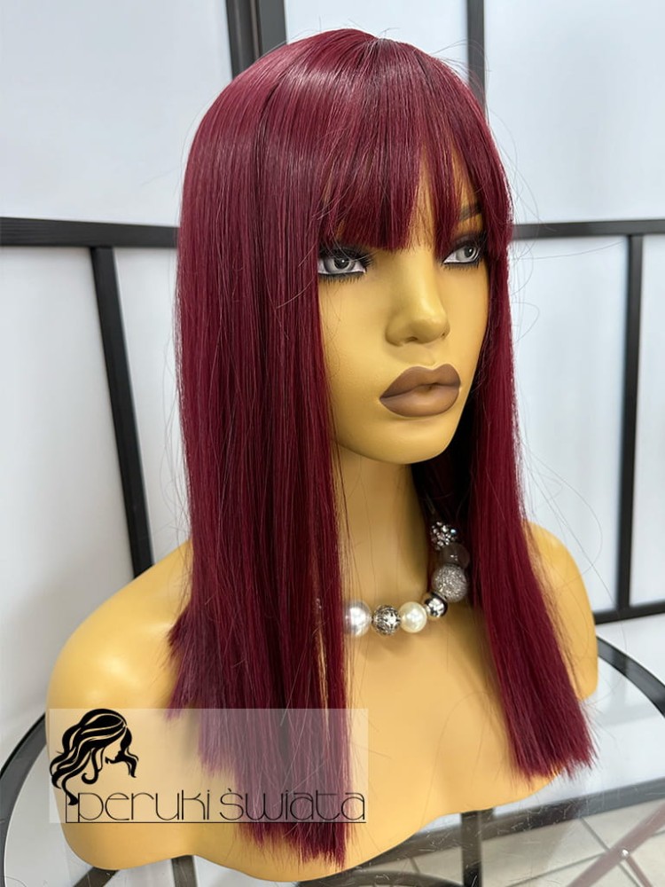 Peruka syntetyczna Cherry, kolor:wiśnia, long bob z grzywką