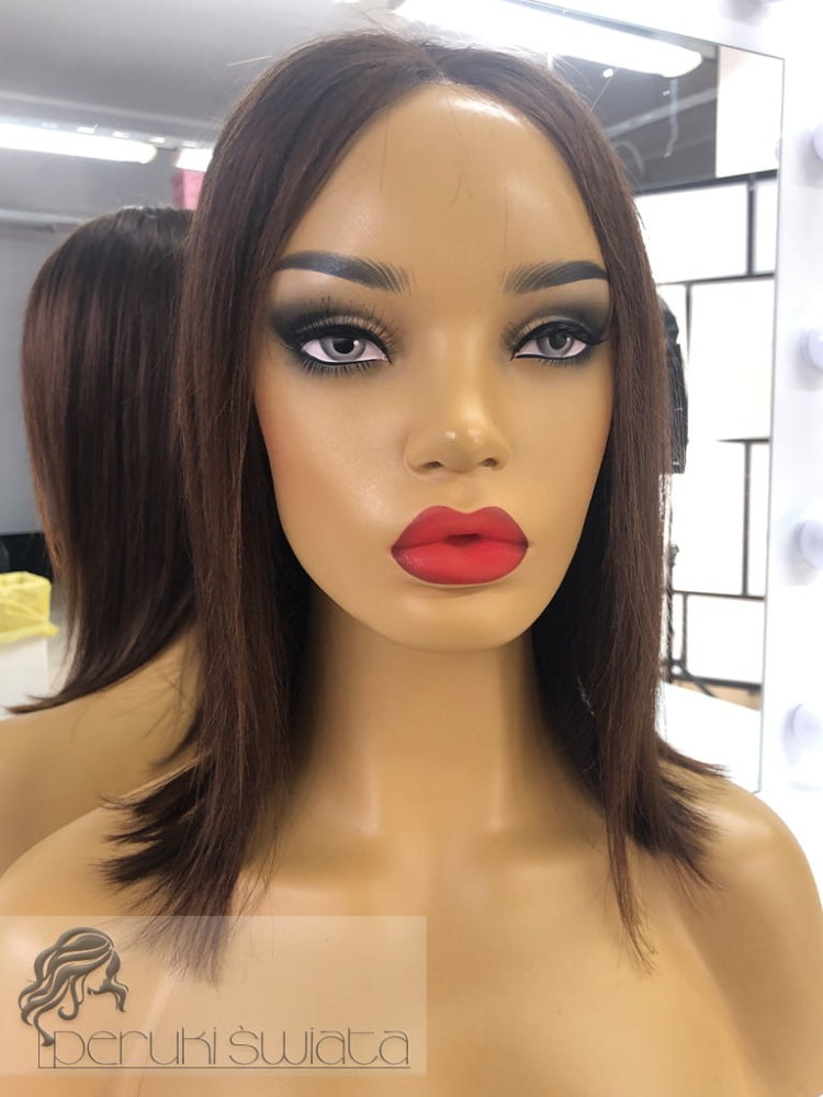 Peruka naturalna, model Claire, czepek ręcznie tkany, full lace front, kolor: ciepły brąz