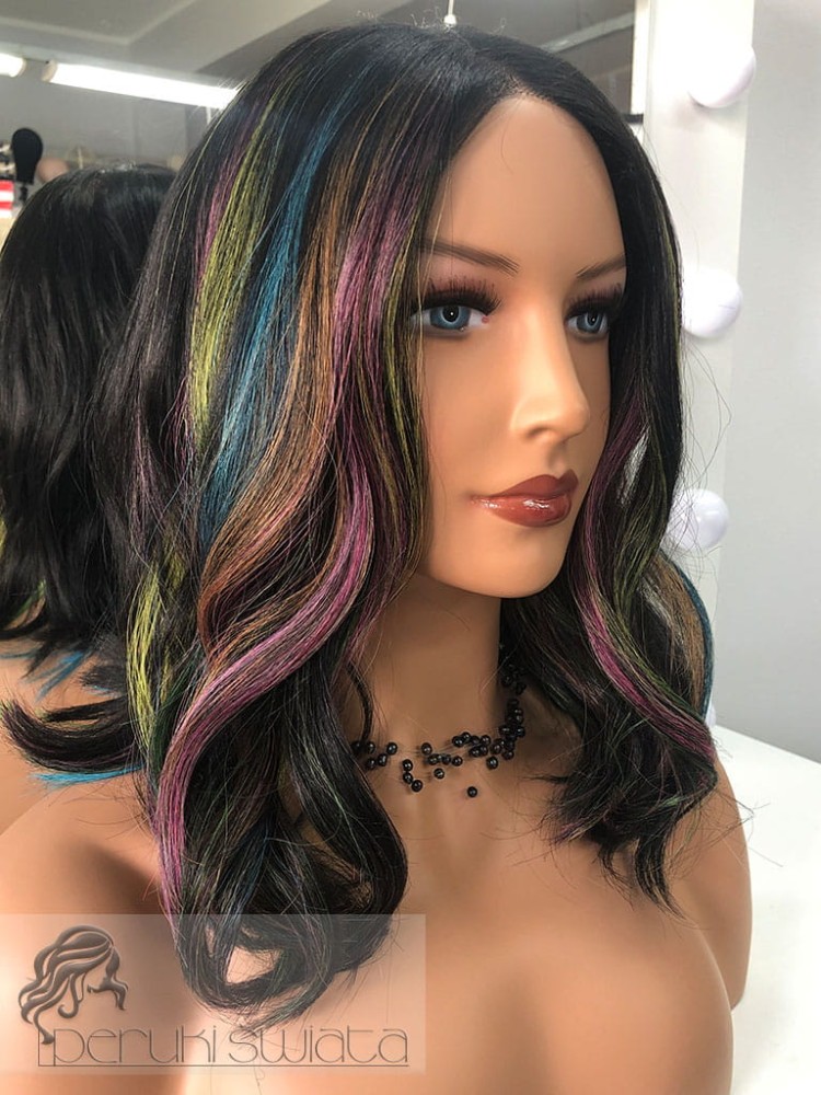 peruka syntetyczna fale tkana na siatce czerń z kolorowymi pasmami