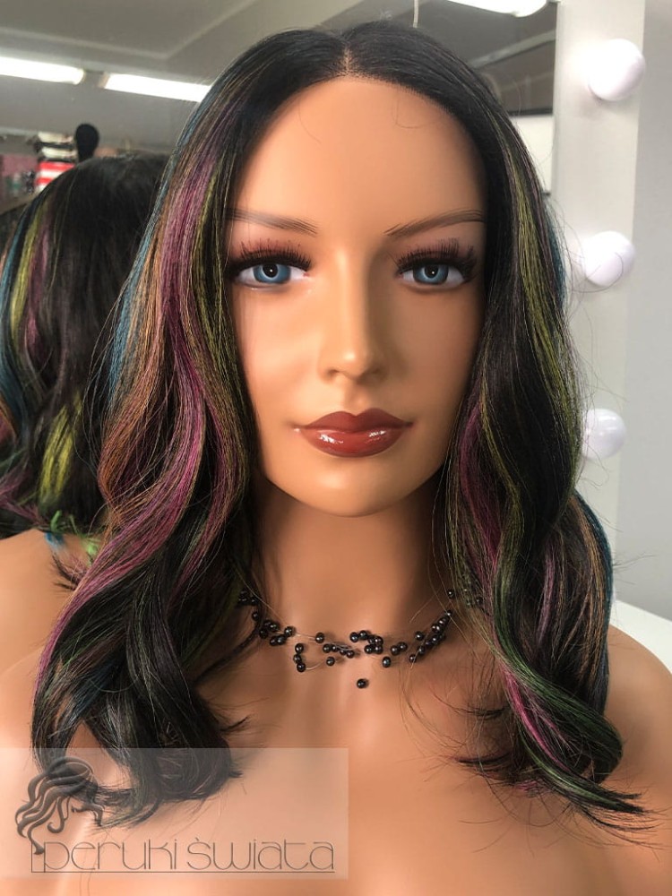 peruka syntetyczna fale tkana na siatce czerń z kolorowymi pasmami