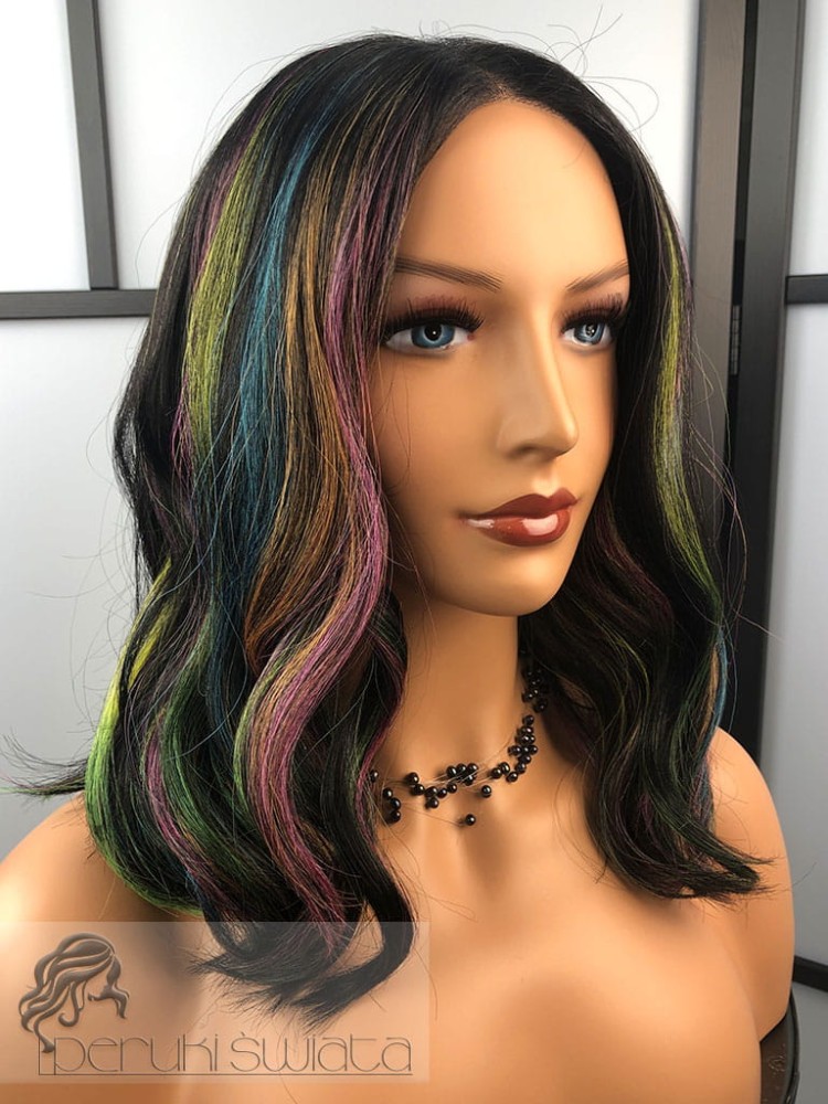 peruka syntetyczna fale tkana na siatce czerń z kolorowymi pasmami