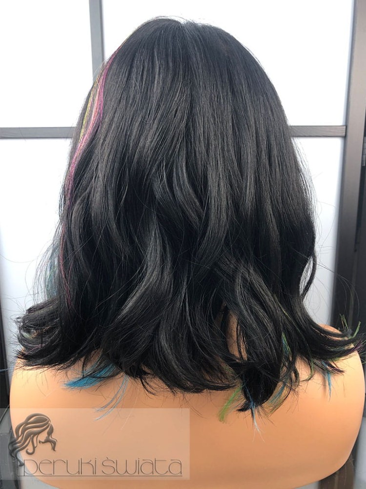 peruka syntetyczna fale tkana na siatce czerń z kolorowymi pasmami