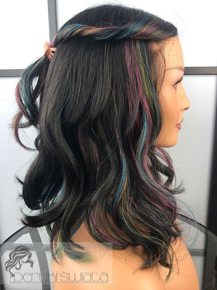 peruka syntetyczna fale tkana na siatce czerń z kolorowymi pasmami