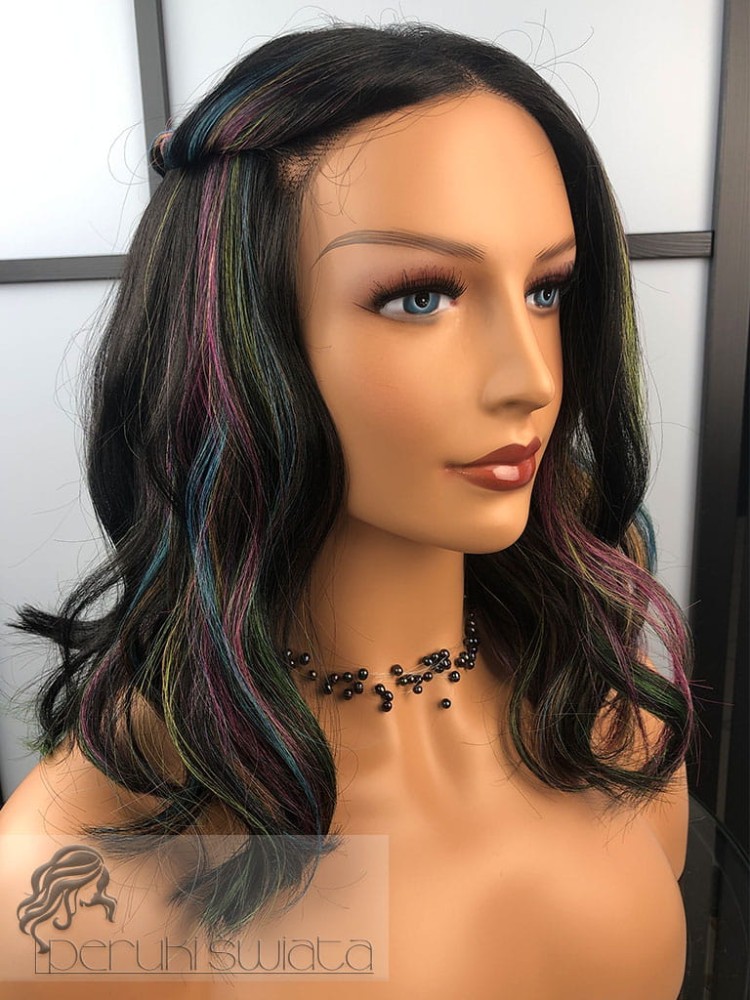 peruka syntetyczna fale tkana na siatce czerń z kolorowymi pasmami