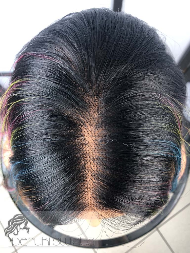 peruka syntetyczna fale tkana na siatce czerń z kolorowymi pasmami