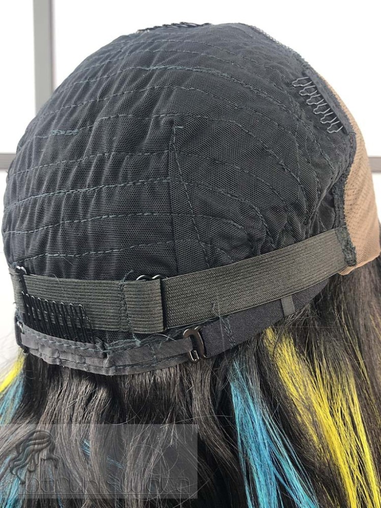 peruka syntetyczna fale tkana na siatce czerń z kolorowymi pasmami