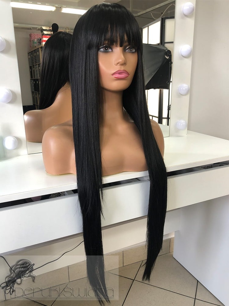 Peruka syntetyczna Astrid, long bob z gęstą grzywką, kolor: naturalna czerń