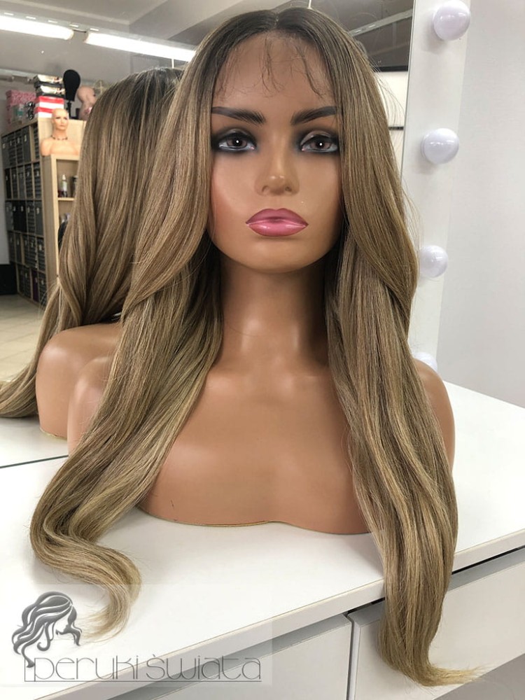 Profesjonalna peruka syntetyczna, ręcznie tkana, model Katie , kanekalon japoński 3D, lace front,  mix słowiańskich blondów na ciemnym odroście 
