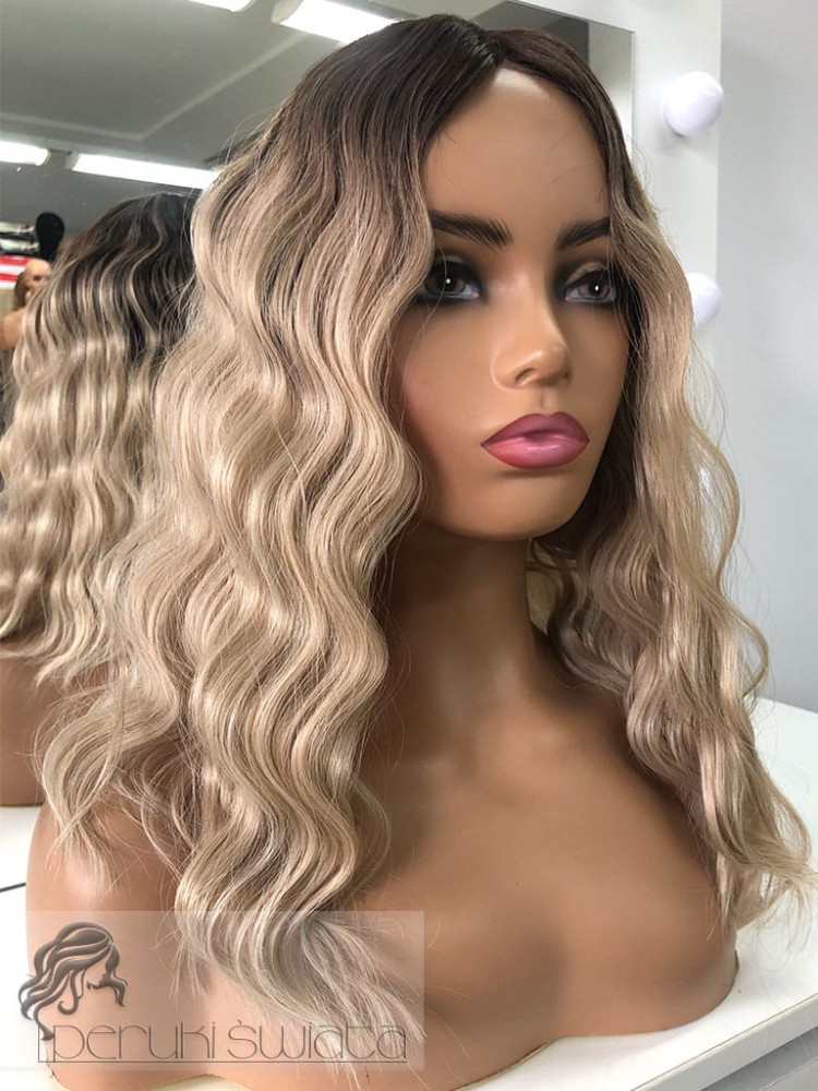 Peruka syntetyczna June z kanekalonu termoplastycznego, long bob, fale, kolor: mix jasnych blondów na odroście 